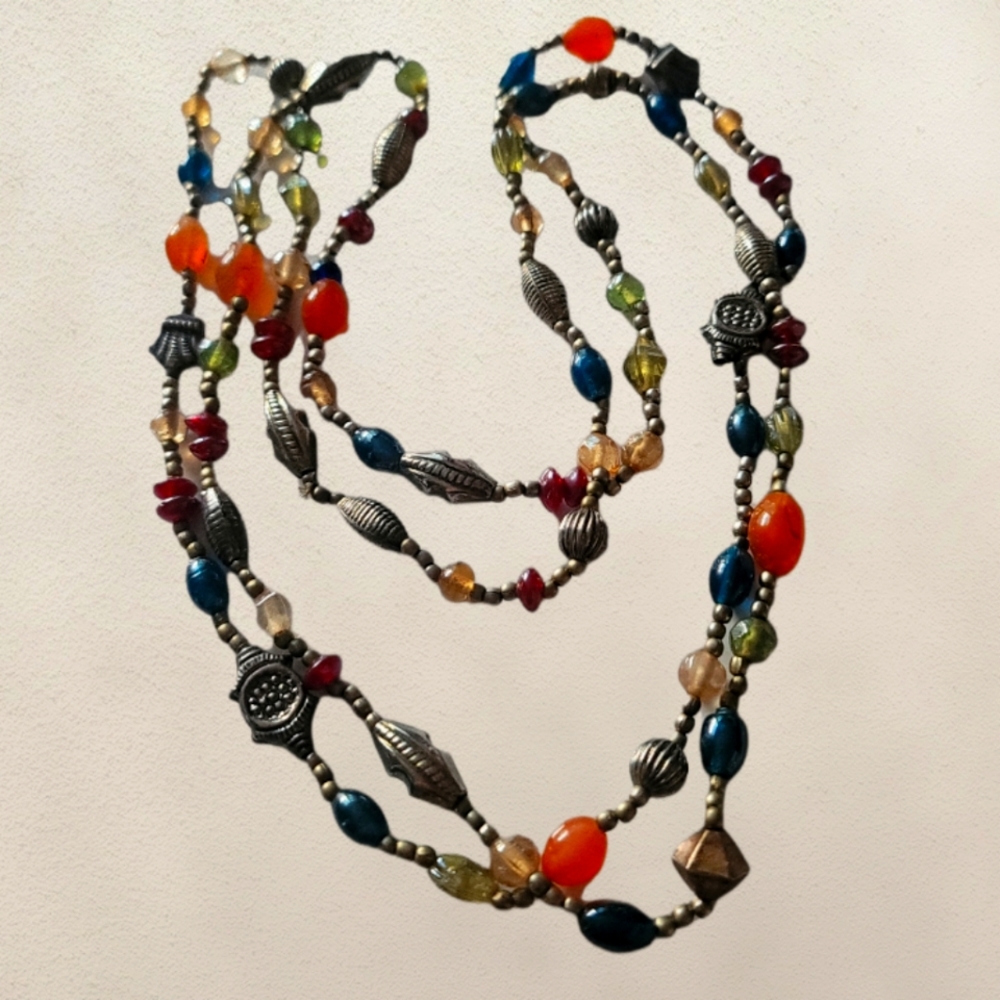 Wrap Necklace Glass Faceted Beads Metal Beads Blues Earth Tones Crystal